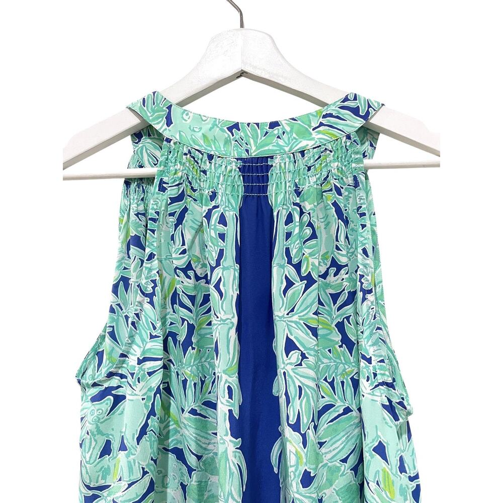 Lilly Pulitzer Top Womens Large Blue Green Silk Halter Tunic Sleeveless Tropical - Picture 7 of 9